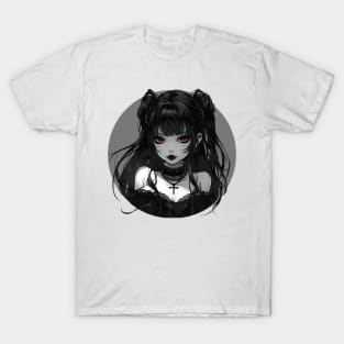 Gothic Anime Waifu Girl Round Design T-Shirt